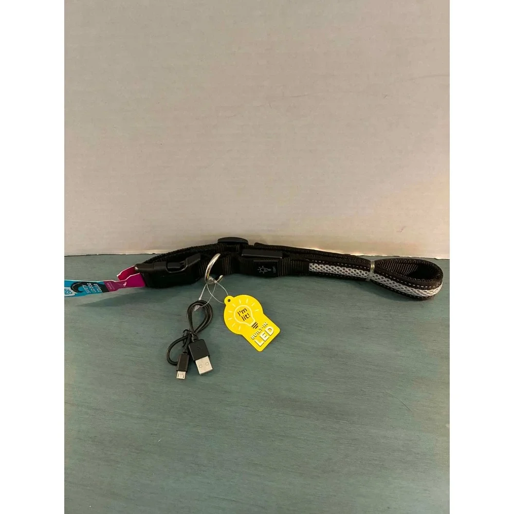 Play On! Safety LED Dog Collar Large Black New USB Rechargeable Reflective